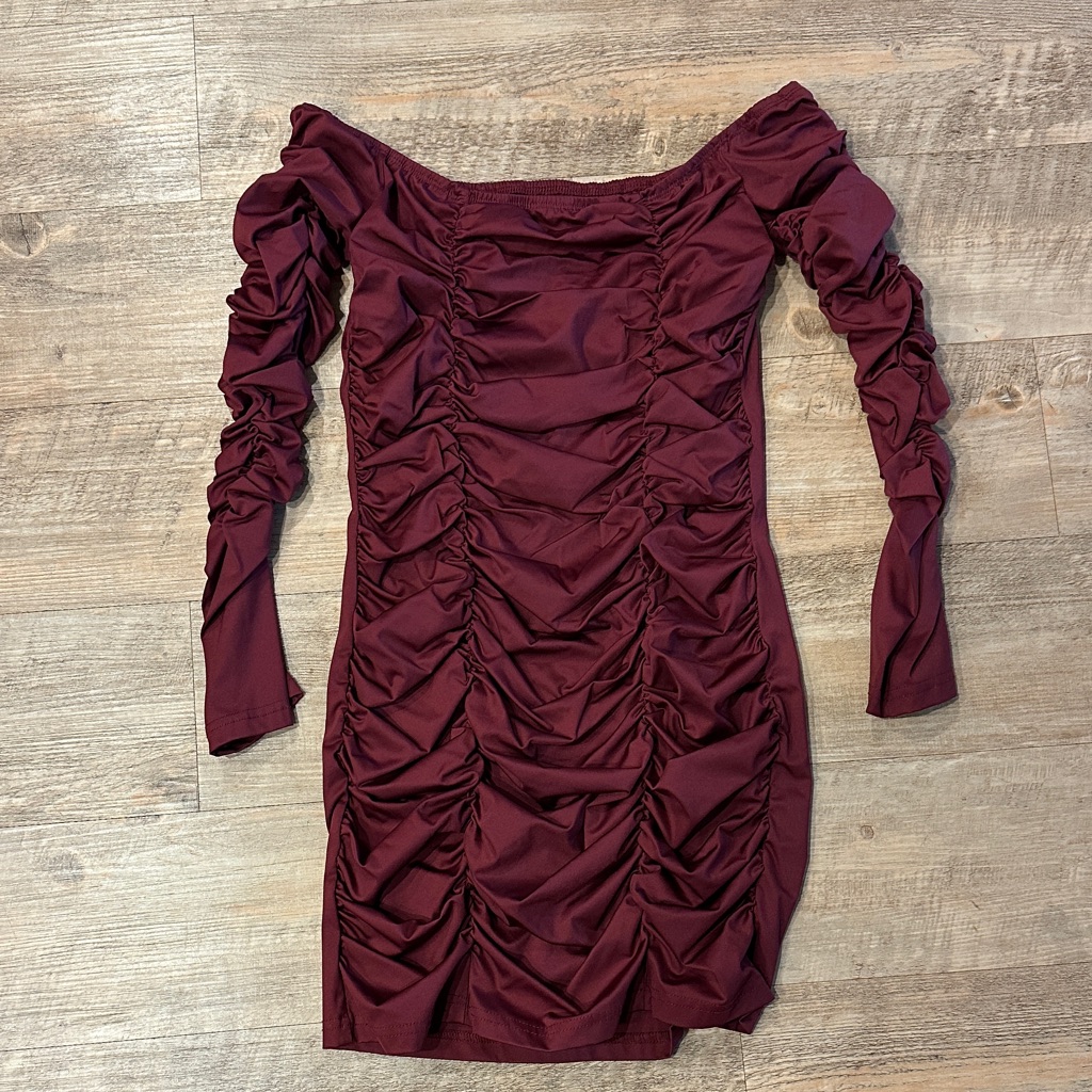 Shein Burgundy Ruched Long Sleeve Dress